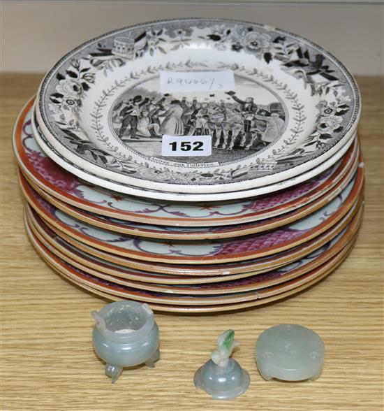Eight Chinese plates, two black transfer printed plates and hardstone pot on stand